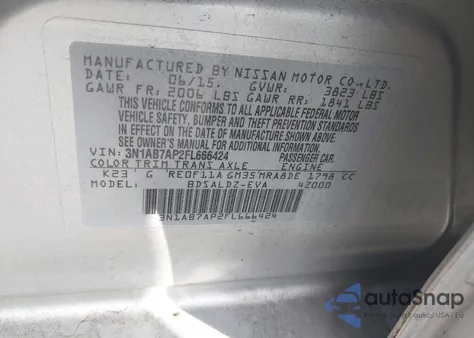 2015 Nissan Sentra Fe+ S/S/Sl/Sr/Sv from USA, damaged, VIN 3N1AB7AP2FL666424